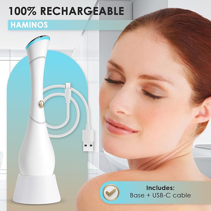 Eye Massager Wand with Heat, Vibration & Red/Blue LED, Ionic (Galvanic) Skincare Absorption, USB‑C Rechargeable with Charging Base, Helps Reduce the Look of Puffiness & Dark Circles