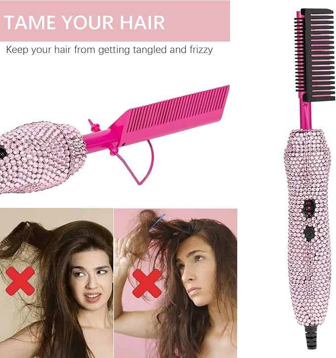 Deluxe Electric Hair Straightener and Curling Comb for Natural Hair and Wigs, 450°F Heat Pressing Comb with Anti-Scald Case (Pink)
