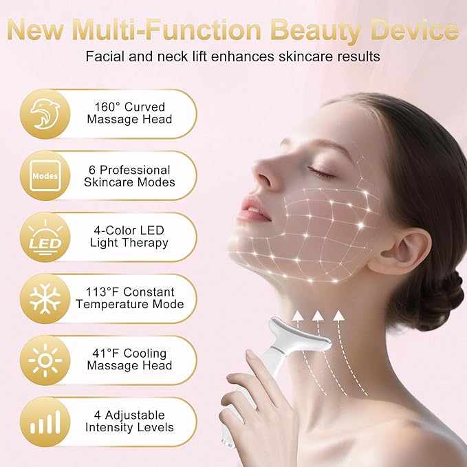 Neck Face Massager, 4 Color LED Facial Massager with Micro-Current Vibration Facial Cold and Hot Service for Wrinkles, Double Chin, Multifunctional Facial Light Therapy Device for Skin Care at Home