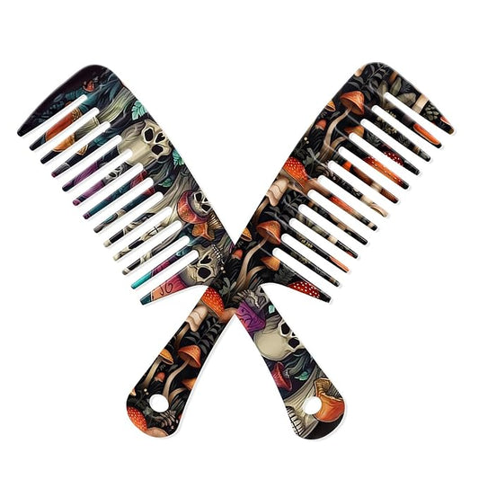 2PCS Wide Tooth Comb,Effortless Tangle Removal for Long Hair Styling Comb for Curly,Wet,Cute Aesthetic Design for Women Men and Girls(Black-Mushroom-19)