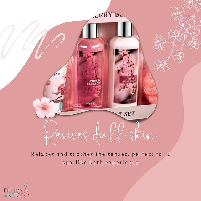Freida & Joe Fragrance Bath & Body Collection Gift Box, Includes Shower Gel, Body Lotion, Body Scrub, Bath Bomb & Sponge (Japanese Cherry Blossom)