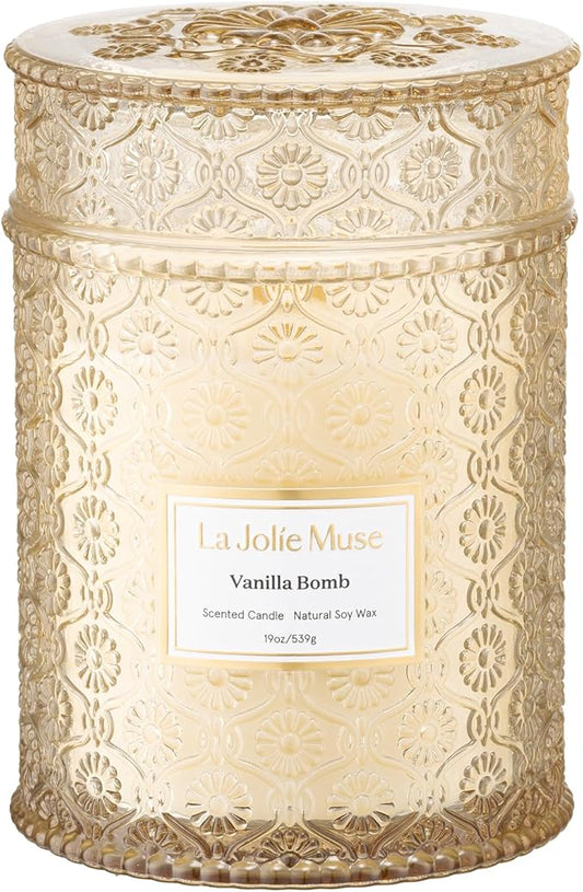 LA JOLIE MUSE Vanilla Bomb Candle| Vanilla, Lemon Zest & Patchouli |19 oz Large Wooden Wick | Natural Soy Wax | 90 Hours Clean Burn | Gift-Ready for Hosts | Seasonal Home Décor