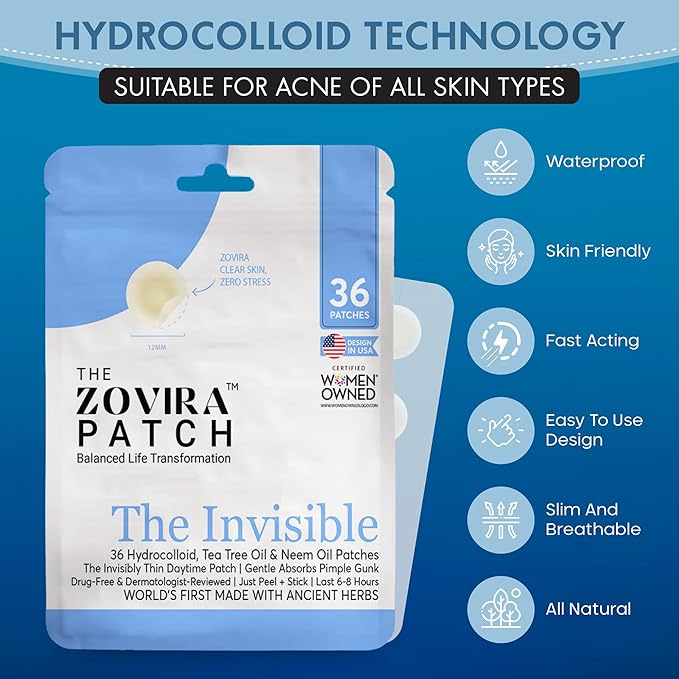 Zovira Invisible Patch-Daytime Niacinamide, Salicylic Acid, Tea Tree and Neem Oil Acne Pimple Patch (36ct) Suitable For Sensitive Skin-Tapered Edges Blends Into All Skin Tones Reduce Redness in 15 Min