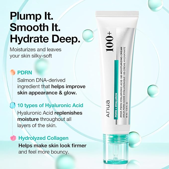 ANUA PDRN Hyaluronic Acid 100 Moisturizing Cream, Lightweight Hydrating Moisturizer with Salmon DNA, Hyaluronic Acid, Collagen For Glass Skin, Korean Skin Care (60ml / 2.02 fl. oz)