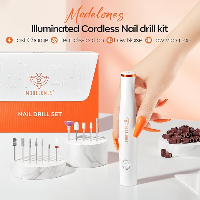 Modelones Electric Nail Drill, 14 Pcs Cordless Nail File with LED Light for Acrylic Gel Dip Powder Nails, Professional Nail Efile Kit with Nail Drill Bits & Sanding Bands for Quick Manicure Pedicure