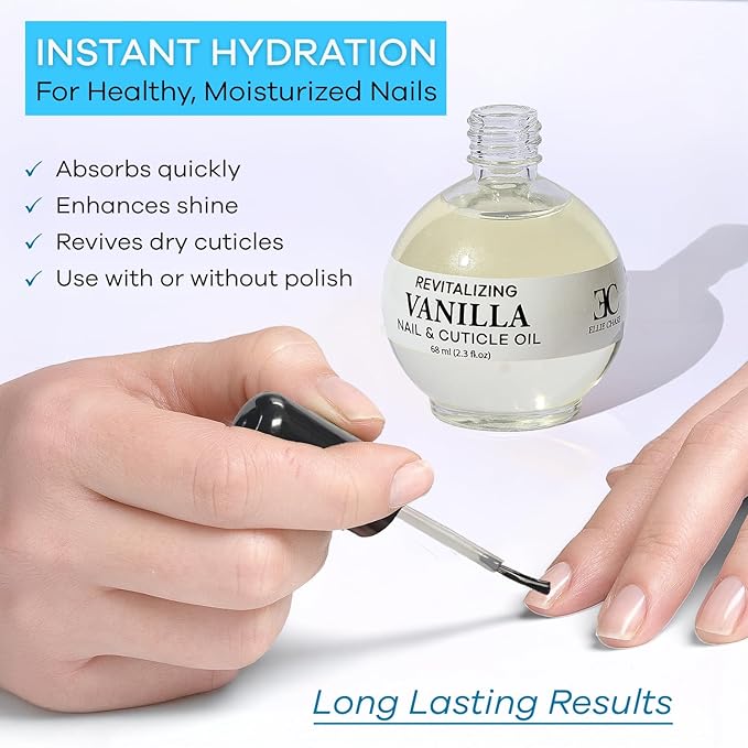 Ellie Chase Moisturizing Cuticle & Nail Care Oil 2.3 Fl Oz - Vanilla Scented – Infused with Jojoba Oil, Aloe, Vitamin E – Nail & Cuticle Hydration, Repair, Moisturizer, Strengthener, Growth