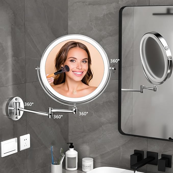 Hasipu 8.5-Inch Wall Mounted Makeup Mirror with Magnification, Rechargeable 2000 mAh Vanity Mirror with Lights, Bathroom Mirror with Dimmable Brightness, 3 Lighting Modes, Extendable Arm, Chrome