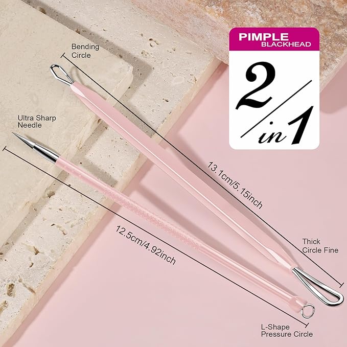 Teenitor Pimple Extractor Acne Treatment Tool Blackhead Comedone Removal 2-in-1 Popper Tool for Face Blackhead Extractor Tool Pink