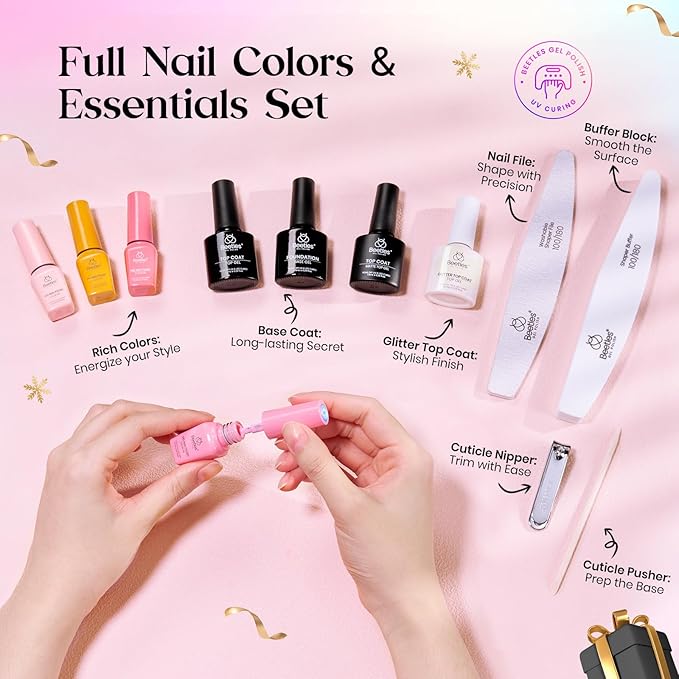 Beetles Gel Nail Polish Seasons Impressions Collection - 25 Colors Uv Gel Nail Kit Brown Burgundy Black White Red Pink Nude Green Purple Blue Glossy Matte Glitter Top Base Coat Gifts for Women