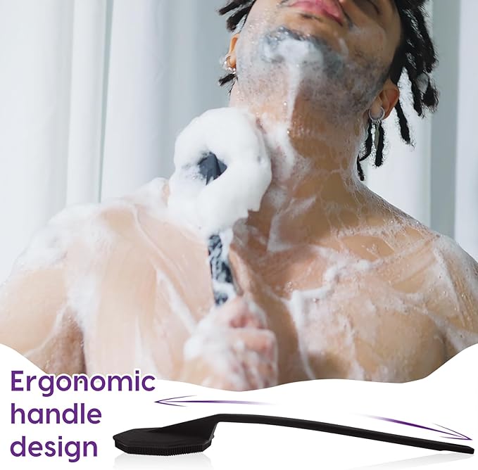 Silicone Back Scrubber for Shower,Back Washer for Shower Men, Lengthen Bath Body Brush with Long Handle, Brush for Shower Exfoliating and Massage Shower Brush - Black