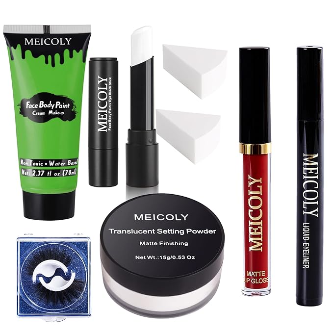 MEICOLY Green Face Paint Kit for Halloween Wicked Witch Elphaba Frankenstein Costume,Halloween Green Makeup Frankenstein,White Face Paint Stick,Setting Powder,Red Lipsticks,False Eyelash