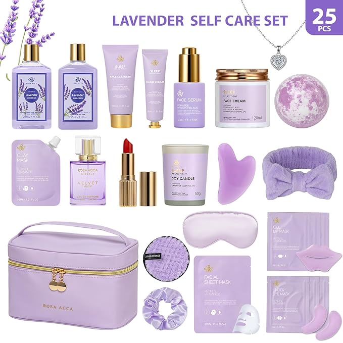 25 Pcs Valentines Day Gifts for Women, Lavender Bath & Body Gift Set, Hydrating Skin Care Set, Self Care Gifts, Face Sheet Mask, Cosmetic Bag, Necklace, Christmas, Birthday, Mothers Day
