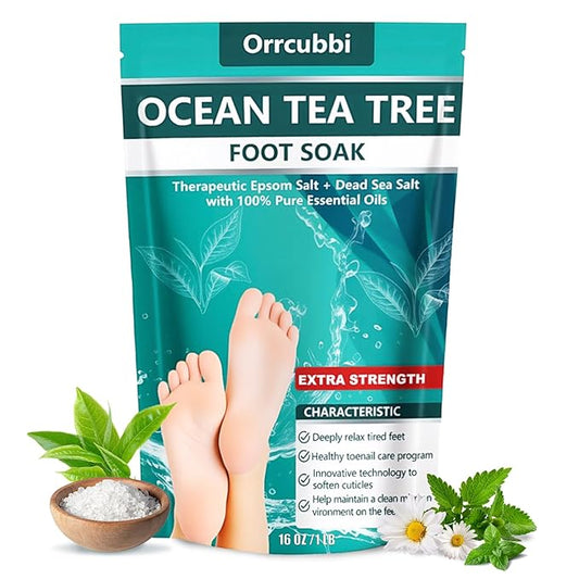 EXTRA STRENGTH Ocean Tea Tree Oil Foot Soak Salt – Dead Sea & Epsom Salt with Natural Essential Oils – Foot Bath for Odor, Callus Softening & Toenail Care – Relax Tired Feet, Home Spa Use 16oz