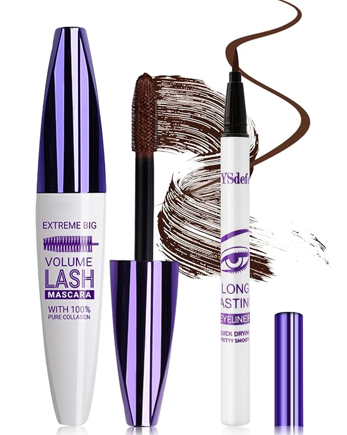 Brown Mascara Liquid Eyeliner Set, Update Longlasting Waterproof Color Eye Liner Pen, 5D Silk Fiber Colored Mascara Volume and Length, Christmas Party Stage Use Eye Makeup Gift Kit for Women Girl-02