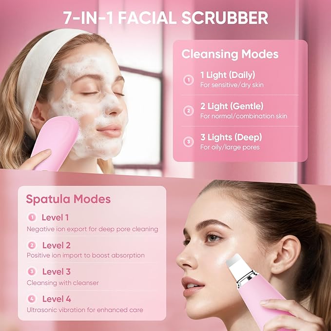 Silicone Face Scrubber Blackhead Scraper Rechargeable 2-in-1 Facial Cleansing Brush & Skin Spatula Duo, IPX7 Waterproof Exfoliating Massager Deep Cleansing for Women and Men（Light Pink）