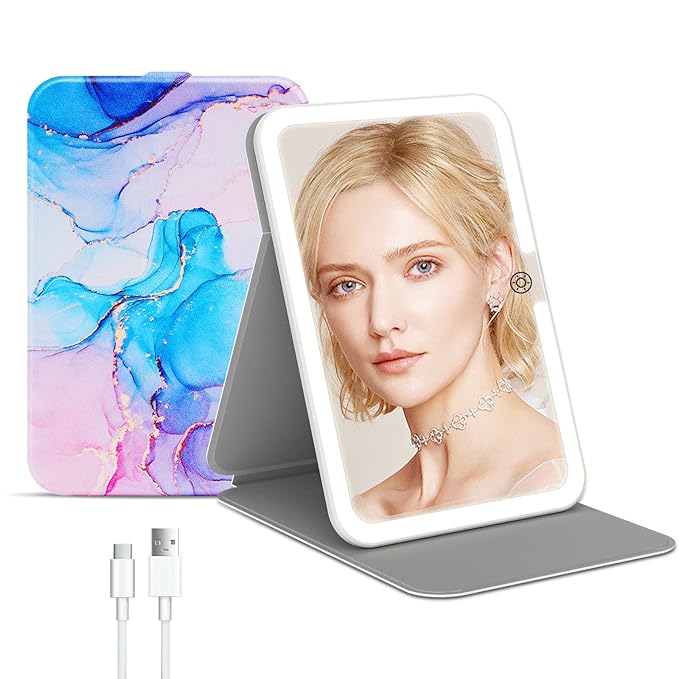 Rechargeable Travel Lighted Makeup Mirror with PU Leather Cover, Portable Travel Makeup Mirror with Lights, 3 Color Lighting,Touch Sensor Dimmable, Light Up Tabletop Folding Cosmetic Mirror Colorful