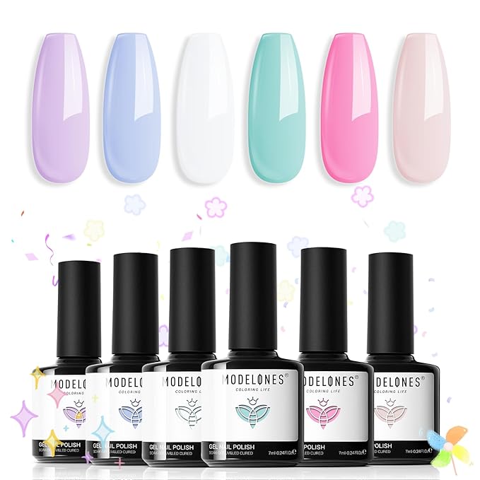 modelones Gel Nail Polish Set, 6 Colors Pastel Gel Polish Set with Nail Art Liner Brush, Soft Pink White Light Purple Blue Green Nude Painting Nail Polish Kit Manicure DIY Salon Gift