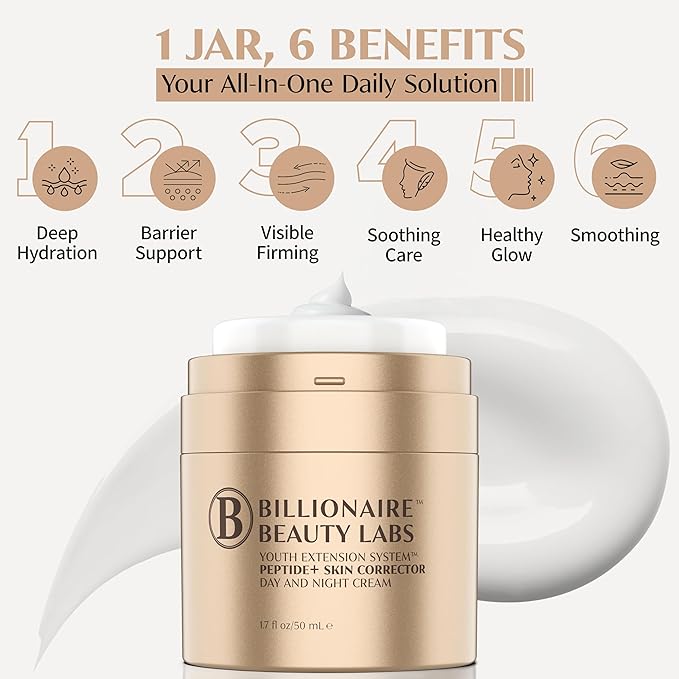 BILLIONAIRE BEAUTY LABS Anti-Aging Collagen Peptide Face Cream – Firming Face Moisturizer with Hyaluronic Acid, Fragrance-Free, Non-Greasy, for Tightening, Smoothing, Younger-Looking Skin – 1.7 oz