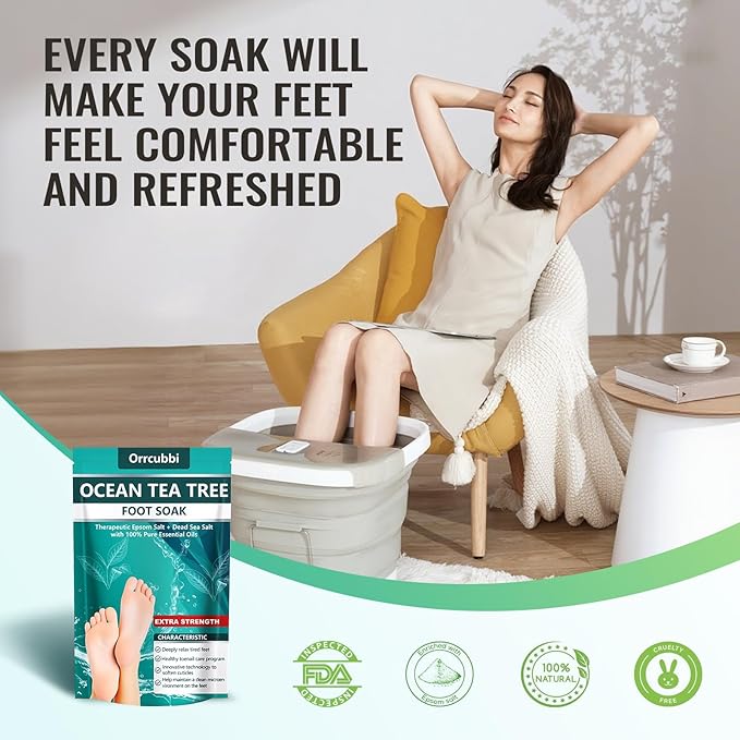 EXTRA STRENGTH Ocean Tea Tree Oil Foot Soak Salt – Dead Sea & Epsom Salt with Natural Essential Oils – Foot Bath for Odor, Callus Softening & Toenail Care – Relax Tired Feet, Home Spa Use 16oz
