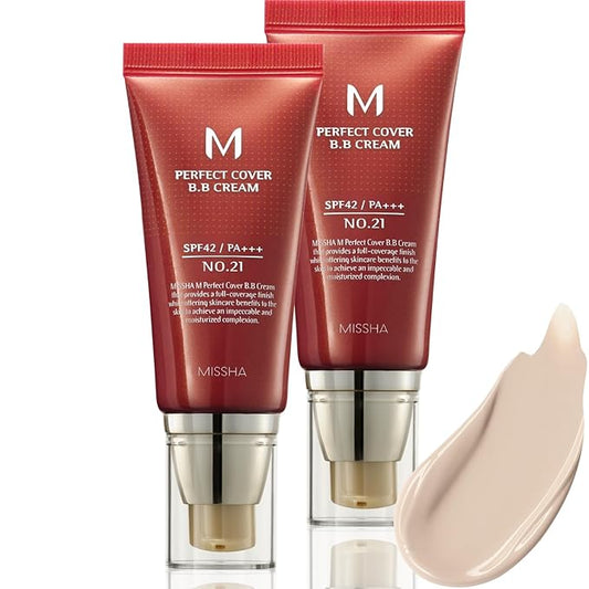 MISSHA M Perfect Cover BB Cream Dual Pack No.21 Light Beige - Light with Cool Undertone SPF 42 PA +++1.69 Fl Oz - Tinted Moisturizer for face with SPF valentines day gifts for her