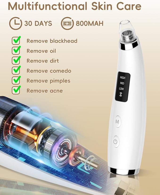 Facial Pore Blackhead Remover Vacuum - Fore Cleaner and Blackhead Extractor with 3 Adjustable Suction Levels - 5 Probes - Pore Vacuum Kit for Women&Men (White)