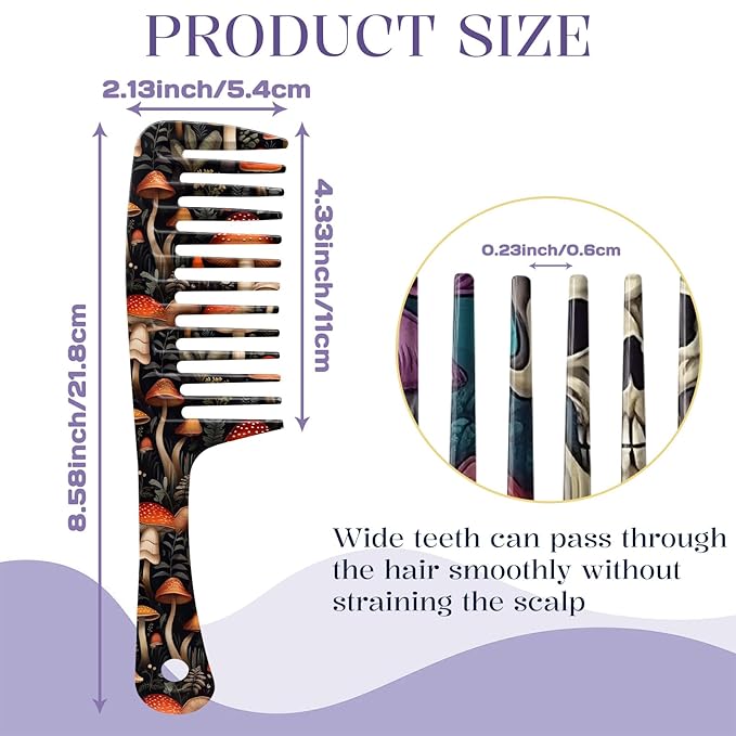 2PCS Wide Tooth Comb,Effortless Tangle Removal for Long Hair Styling Comb for Curly,Wet,Cute Aesthetic Design for Women Men and Girls(Black-Mushroom-19)