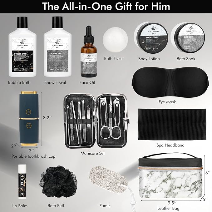 Valentines Day Gifts for Men & Women, 23pcs Bath and Body Gift Basket, Charcoal Luxury Home Spa Kit, Leather Bag, Face Oil, Birthday, Self Care Kit, Christmas, Holiday, Father's Day, Mother Day