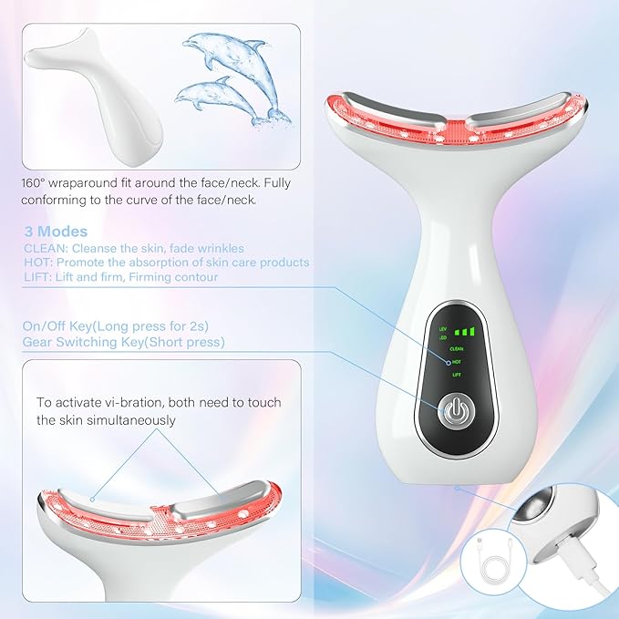 Facial Massager 7 Color Face Lift Device for Face and Neck Massage with 113°F & Vibration & Clean 3-in-1 Multifunctional Wand for Skin Care (White)