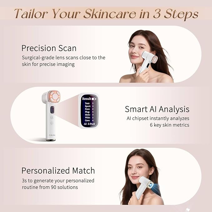 AI-Powered Custom Skincare Facial Device with Red Light Therapy for Anti-Aging, Firming, Lifting & Better Absorption, Face Massager Tool Paired with HD Camera to Detect Skin Condition
