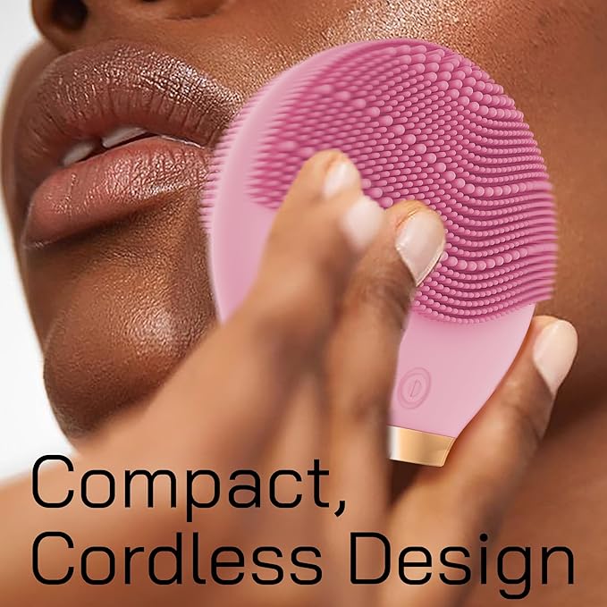 Bella Ciao Travel Silicone Facial Cleansing Brush, Face Exfoliator and Massager, Cordless Pore Scrubber with Soft Bristles, Double-Sided Design, IPX5 Water Resistance, Battery Not Included, Pink