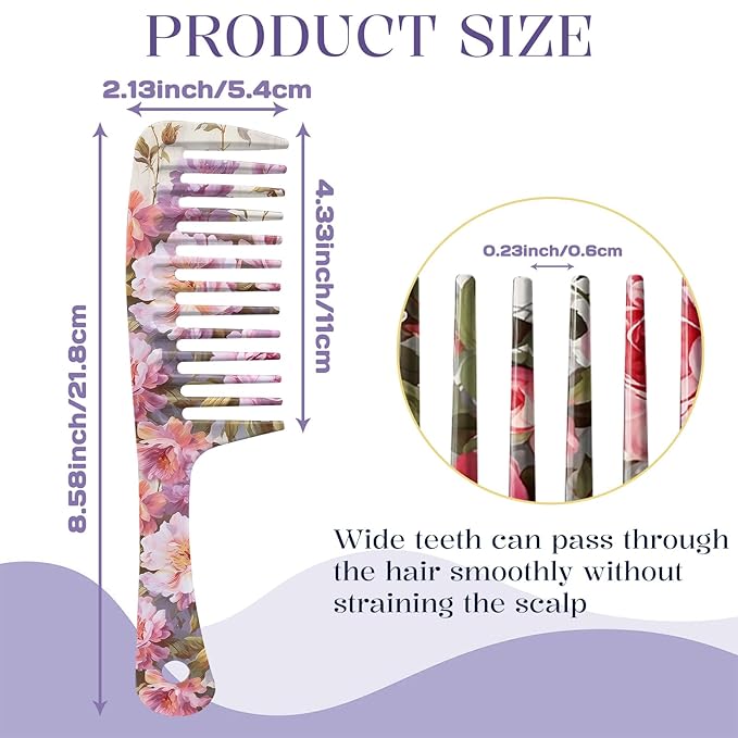 2PCS Wide Tooth Comb,Effortless Tangle Removal for Long Hair Styling Comb for Curly,Wet,Cute Aesthetic Design for Women Men and Girls(Purple-Flower-09)