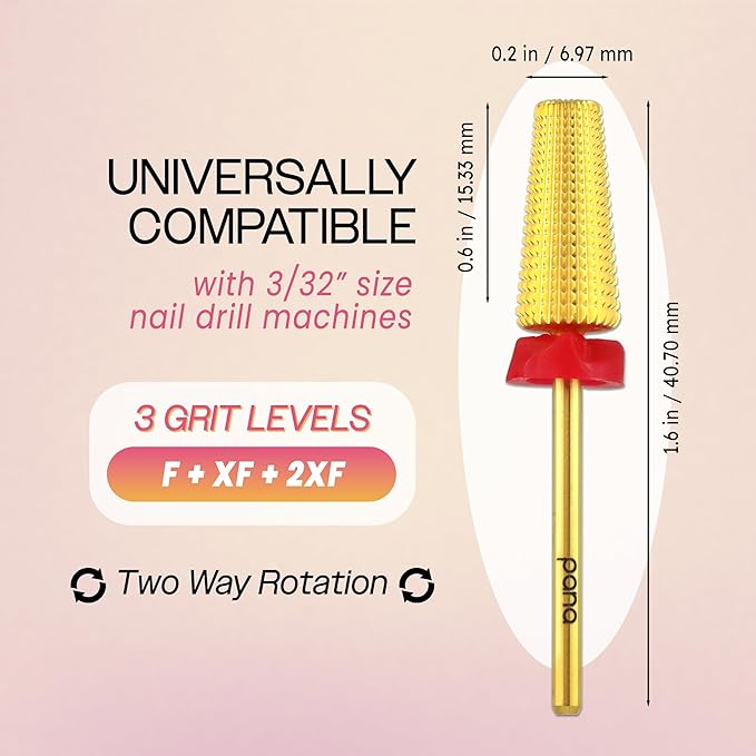 PANA 3/32" Shank 5-in-1 Nail Carbide Bit - (Triple Coarse - Fine Grit, Gold) - Two Way Rotate use for Both Left and Right Handed Fast Remove Acrylic or Hard Gel