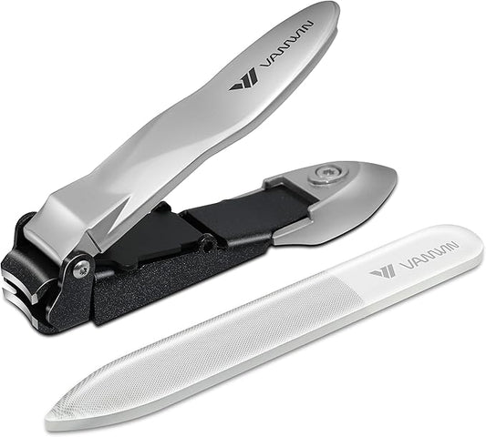 Nail Clippers with Catcher, No Splash Fingernail Toenail Clippers with Sharp Curved Blade and Glass Nail File, Wide Jaw Opening Stainless Steel Nail Cutter Trimmer for Seniors Adult Men Women
