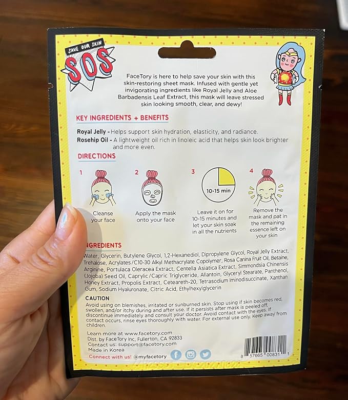 FACETORY K Beauty Face Mask Skin Care - SOS SAVE OUR SKIN RESTORING Sheet Mask with Royal Jelly & Aloe | De-Stress, Dewy Skin (10 Pack)