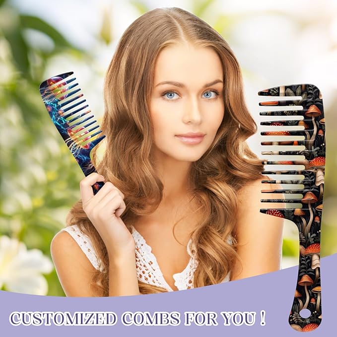 2PCS Wide Tooth Comb,Effortless Tangle Removal for Long Hair Styling Comb for Curly,Wet,Cute Aesthetic Design for Women Men and Girls(Blue-Jellyfish Mushroom-17)