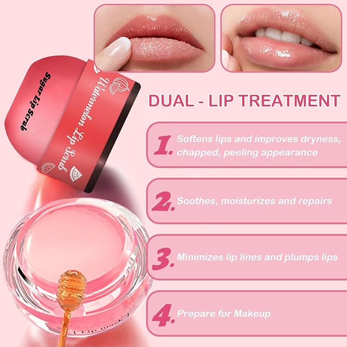 4 PCS Bee Lip Balm Honey Pot Lip Mask & Lip Scrub Set, Strawberry Watermelon Coconut Cherry Overnight Propolis Moisturizing Lip Balm Hydrating Prevention Dry and Crack Lip Exfoliator Lip Wrinkle Care