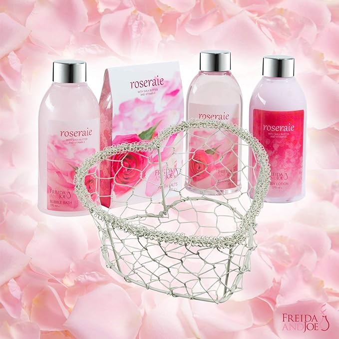Heart Pink Rose Spa Bath and Body Gift Basket for Women with Shower Gel, Bubble Bath and Body lotion and Bath Salt Bath Gift Set