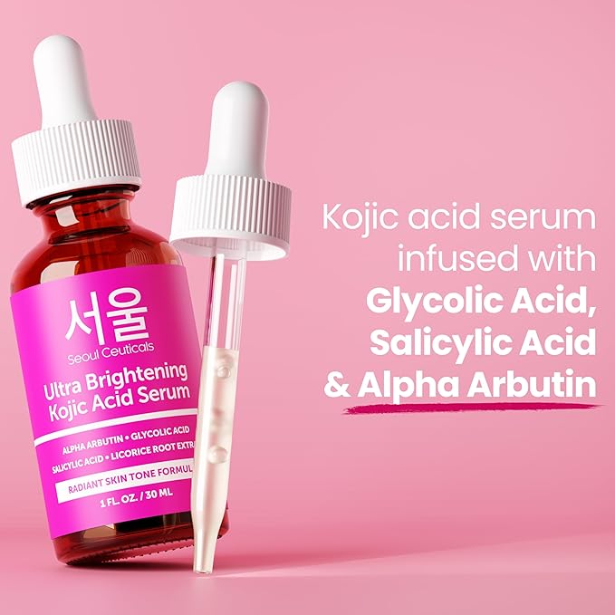 SeoulCeuticals Korean Skin Care Kojic Acid Serum Alpha Arbutin – Dark Spot Remover Corrector Glycolic Acid + Salicylic Acid K Beauty 1oz