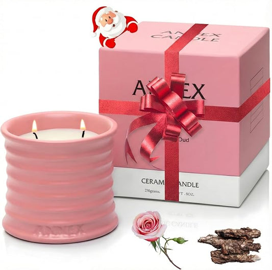 Scented Luxury Candles in Handmade Ceramic Jars, Soy Wax | Canal Rose – Rose Bud & Oud Scented, Large Candle | Non Toxic, 2 Wicks, Reusable Big Pink Jar | Natural Spring Aromatherapy for Women & Men