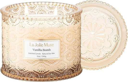 LA JOLIE MUSE Vanilla Bomb Candle | Lemon Zest, Fressia & Patchouli | 12 oz Large 2-Wick Soy Wax Candle | 60 Hours Clean Burn | Gift-Ready for Hosts | Elegant Home Décor