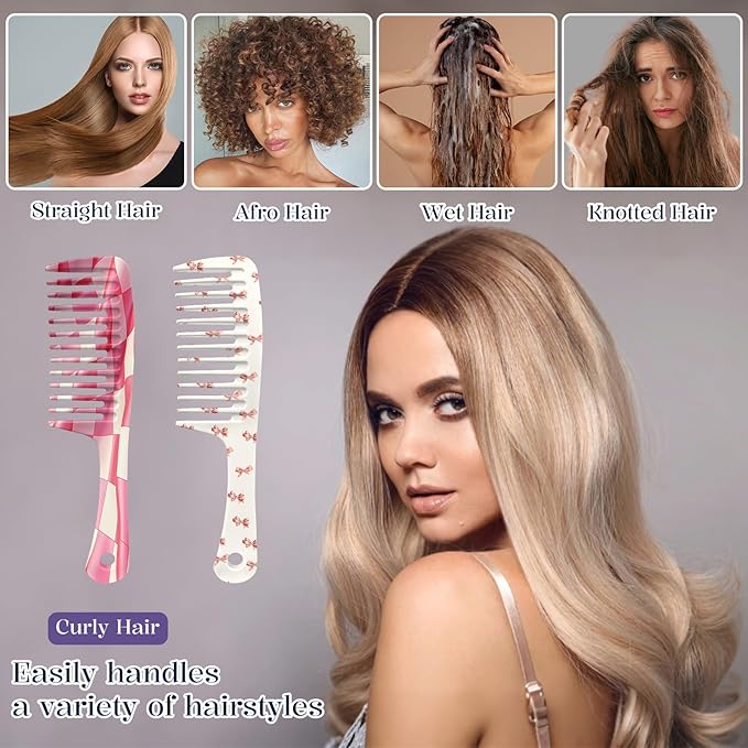 2PCS Wide Tooth Comb,Effortless Tangle Removal for Long Hair Styling Comb for Curly,Wet,Cute Aesthetic Design for Women Men and Girls(Pink-Grid-16)