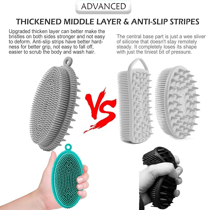 Silicone Body Scrubber Brush, 2in1 for Exfoliating Wet or Dry Skin Body Wash Bath Shower Tool, with Super Soft Manual Facial Cleansing Brush Scrubber (Grey)