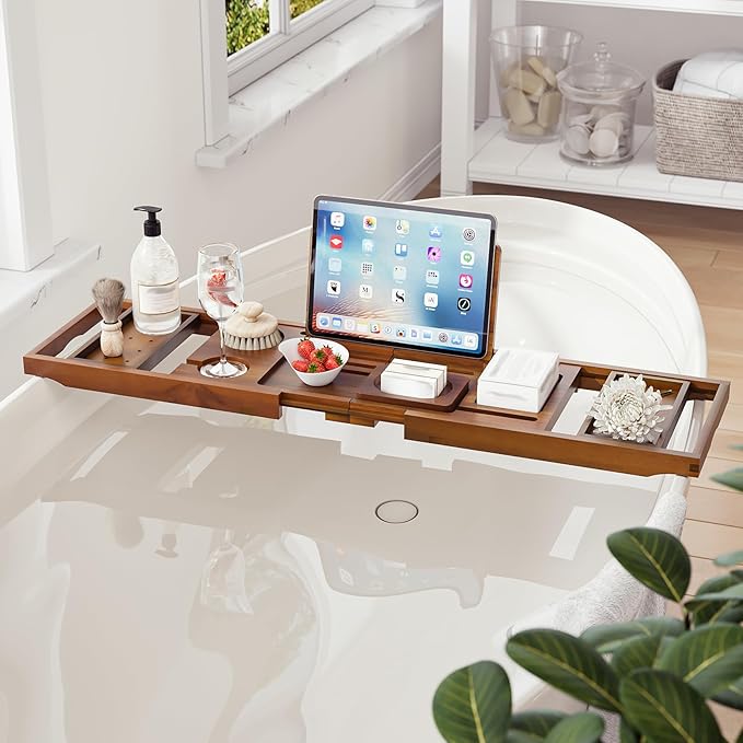 Premium Foldable Teak Bathtub Tray, Expandable Bath Tray for Tub, Luxury Bathtub & Bathroom Accessories