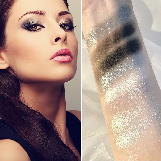 Black Smoky Eyeshadow Palette - Silver Shimmer, Grey, Gold, Brown - 9 Colors - Glitter & Matte Finish - Long Lasting, Waterproof - Pearl Eye Shadow Palette - Includes Eyeshadow Brush