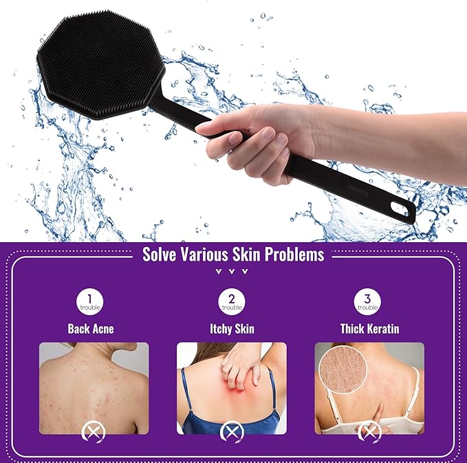 Silicone Back Scrubber for Shower,Back Washer for Shower Men, Lengthen Bath Body Brush with Long Handle, Brush for Shower Exfoliating and Massage Shower Brush - Black