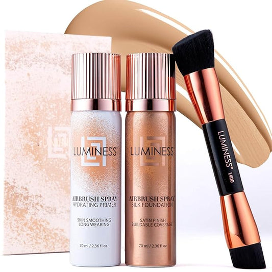 LUMINESS Airbrush Spray Silk Foundation Starter Kit - Light Medium - Foundation, Primer & Dual-Sided Angled Buffing Brush - Medium, Buildable Coverage, Anti-Aging Formula Hydrates & Moisturizes