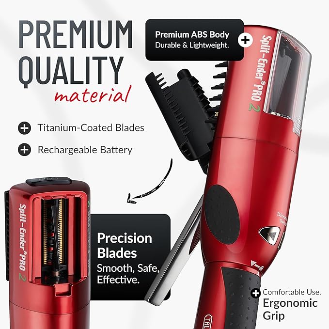 Split-Ender Pro 2 - Original Professional Beauty Tool - Cordless Split End Hair Trimmer for Damaged, Dry, Brittle, Frizzy, Curly or Straight Hair (Red)