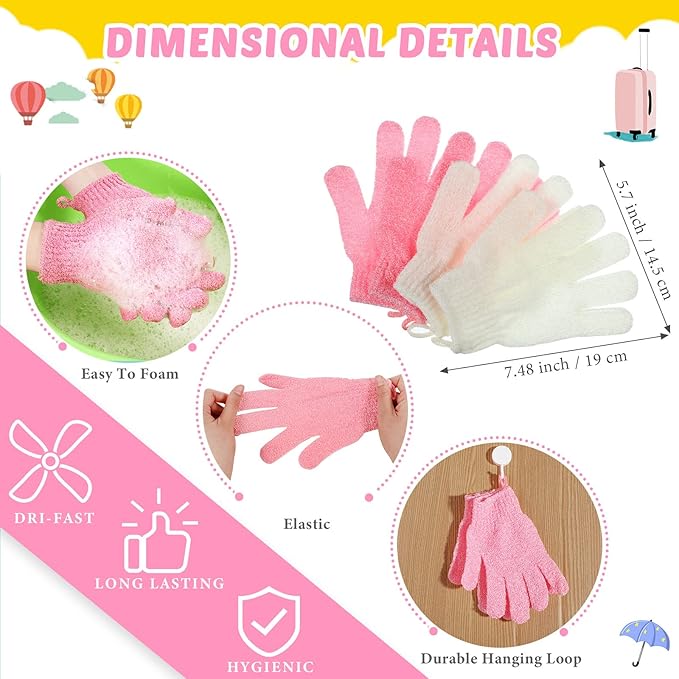 4 Pack Exfoliating Washcloth Back Scrubber Set, 2 Exfoliating Body Scrubber Nylon Back Body Scrub Towel, 2 Pairs Shower Gloves for Women Men Bath Shower Exfoliation(Pink, Beige)