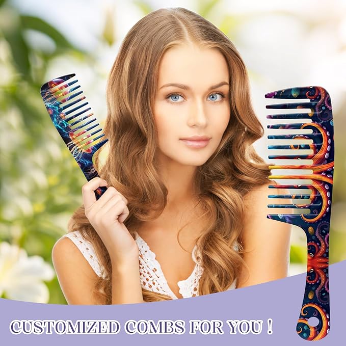 2PCS Wide Tooth Comb,Effortless Tangle Removal for Long Hair Styling Comb for Curly,Wet,Cute Aesthetic Design for Women Men and Girls(Blue-Octopus Jellyfish-18)