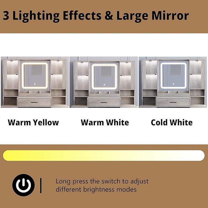 Makeup Vanity with LED Light Strip Mirror and Chair, 7 Drawers & 2 RGB Cabinets Black Vanity Makeup Desk with Power Strip, Adjustable LED Lighting, and Cushioned Stool for Women, Girls, Teens